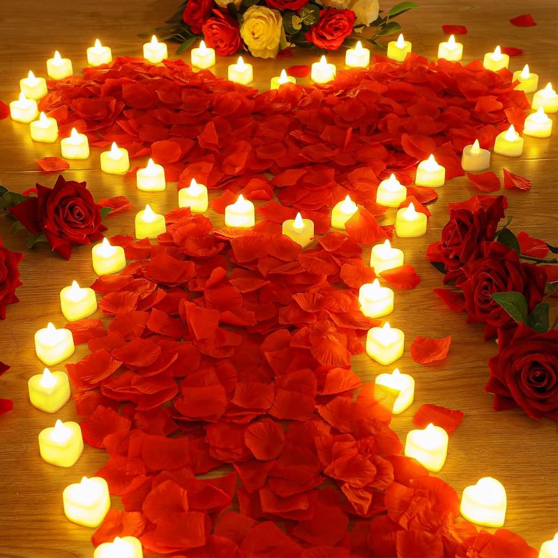 Photo 1 of 6000 Pieces Artificial Rose Petal with 72 Pieces Romantic Heart Led Candle Flameless Love Led Tealight Candle for Romantic Night Anniversary Table Decor(Warm White Light)