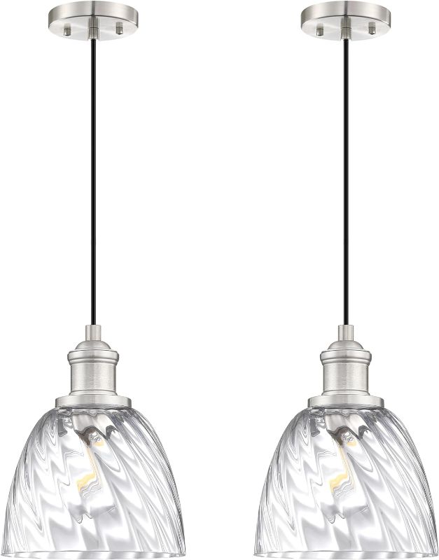 Photo 1 of 2 Pack 1 Light Hanging Modern Farmhouse Pendant Light Fixture,6.5" Hammer Drum Clear Seeded Glass Mini Pendant Lighting Brushed Nickel for Kitchen Island Dinning Over Sink Living Room Decor