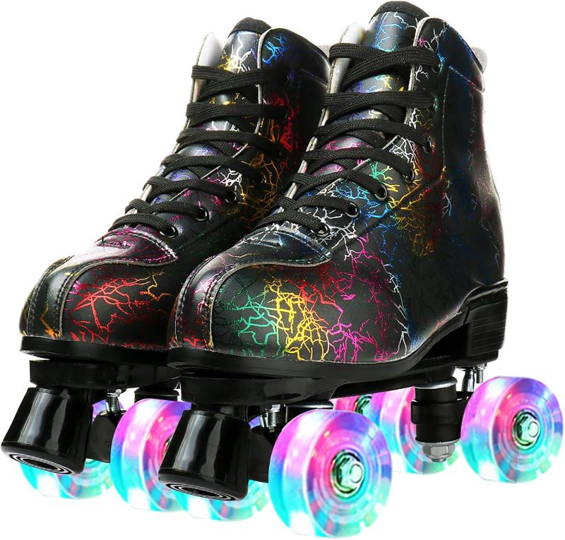 Photo 1 of LEAFIS Roller Skates Classic High-top for Adult Outdoor Skating Light-Up Four-Wheel Roller Skates Shiny Roller Skates for Women lightning black flash wheel 38 / US 6.5