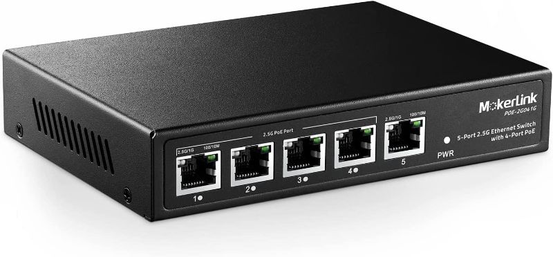 Photo 1 of MokerLink 5 Port 2.5 Gigabit PoE Switch, 5 x 2.5G Ethernet Ports, 4 Port PoE IEEE802.3af/at, 65W, Compatible with 10/100/1000Mbps, Unmanaged Fanless Wall Mountable Network Switch
