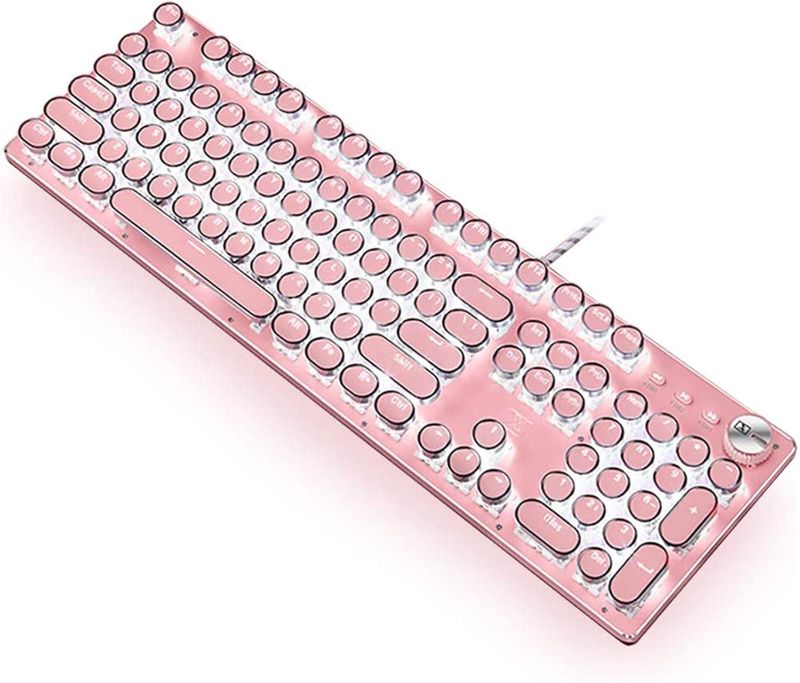 Photo 1 of CC MALL Gaming Keyboard,Retro Punk Typewriter-Style, Blue Switches, White Backlight, USB Wired, for PC Laptop Desktop, Stylish Pink Mechanical Keyboard (Round Keycaps