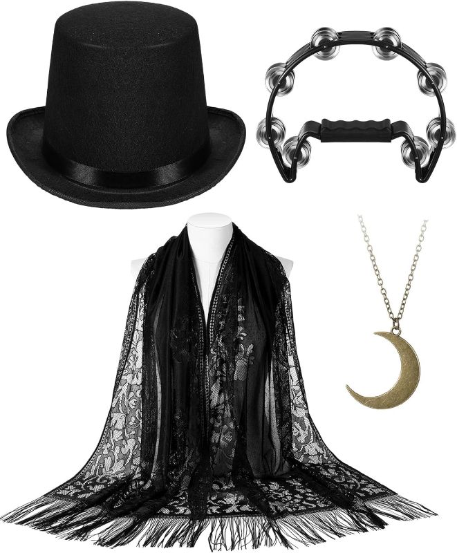 Photo 1 of 4 Pcs Punk Top Hat Costume Set Top Hat Shawl Wrap Tambourine Moon Necklace for Women Parade Cosplay Dance Recital