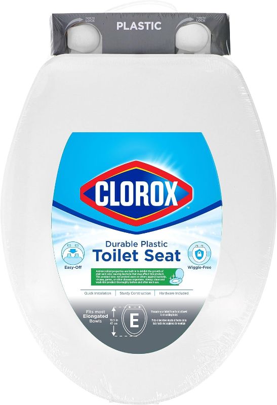 Photo 1 of Clorox Antimicrobial Elongated Beveled Plastic Toilet Seat with Easy-Off Hinges