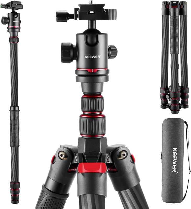 Photo 1 of NEEWER Upgraded 80.7" Carbon Fiber Camera Tripod Monopod with Telescopic 2 Section Center Axes, 360° Panorama Ballhead, 1/4" Arca Type QR Plate, Travel Tripod with ø28mm Column, Max Load 26.5lb, N55CR