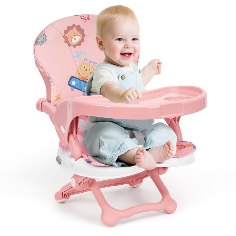 Photo 1 of Booster Seat for Dining Table, Lightweight Compact Fold Travel Booster Seat, 3-in-1 Convertible, 3 Level Height Adjustment and Easy Tray Removal, Pink