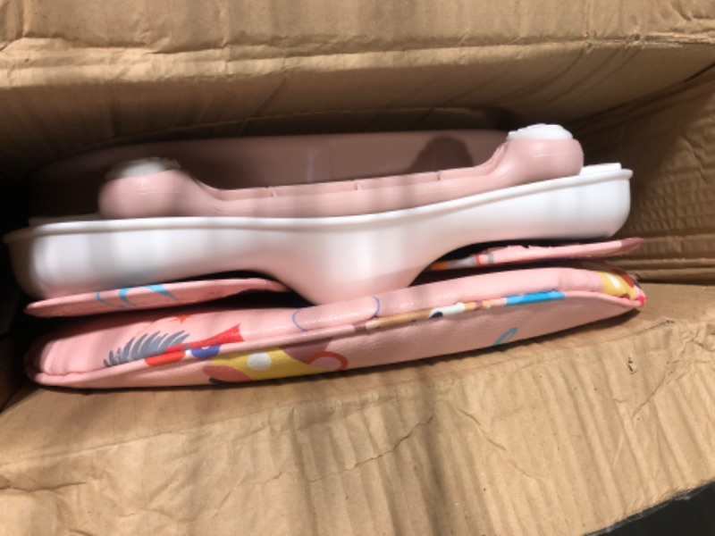 Photo 1 of Booster Seat for Dining Table, Lightweight Compact Fold Travel Booster Seat, 3-in-1 Convertible, 3 Level Height Adjustment and Easy Tray Removal, Pink