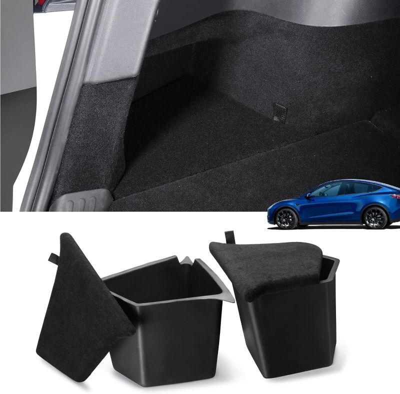 Photo 1 of FanpBow For 2022-2024 Tesla Model Y Rear Trunk Organizer Storage Bins with Lids, Latest Version 5-Seater Model Y Accessories Trunk Side Storage Boxes Protector Packets Black (After July 2022) 2024-2022 MY5-Seater Trunk Bins