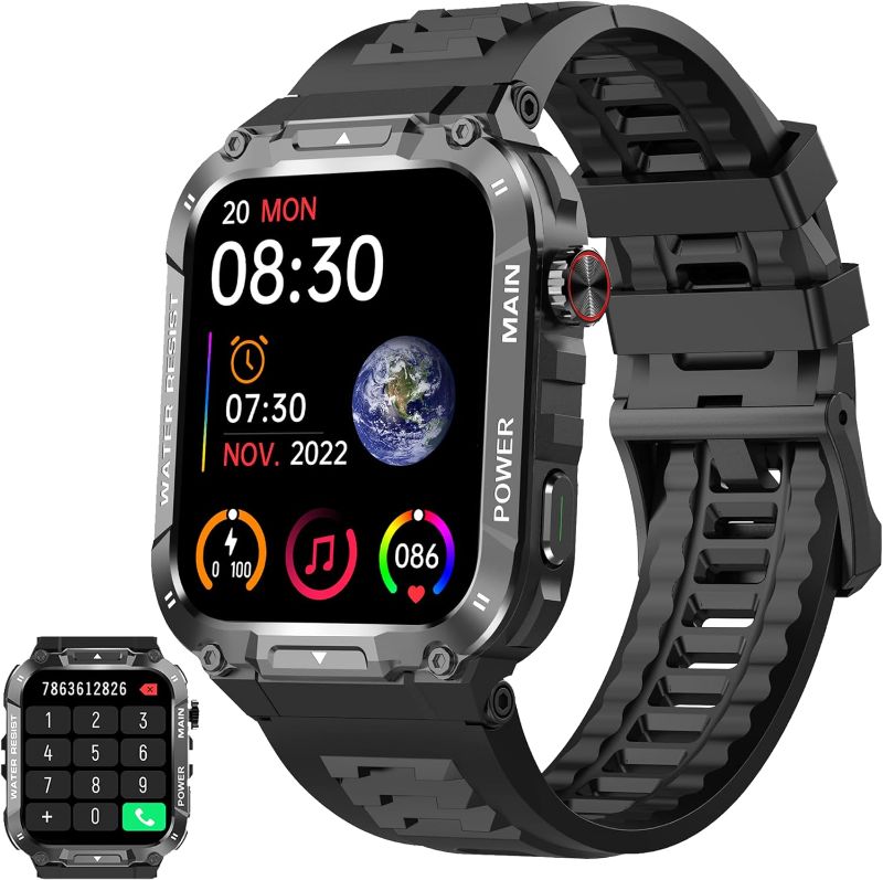 Photo 1 of 1.96" Military Smart Watch for Men with Bluetooth Call, Waterproof Outdoor Fitness Tracker with Sleep/Heart Rate/SpO2/Stress Monitor, Voice Assistant, Pedometer Compatible with Android/iOS Phones. Black