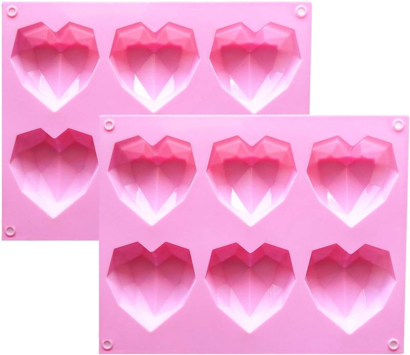 Photo 1 of 2 Pcs 3D Diamond Heart Silicone Mold for Chocolate, 6 Cavities Easy Demold Heart Shaped Mold Tray for Making Breakable Mousse, Cake, Chocolate, Cheesecake, Valentine's Day/Happy Birthday Gift.