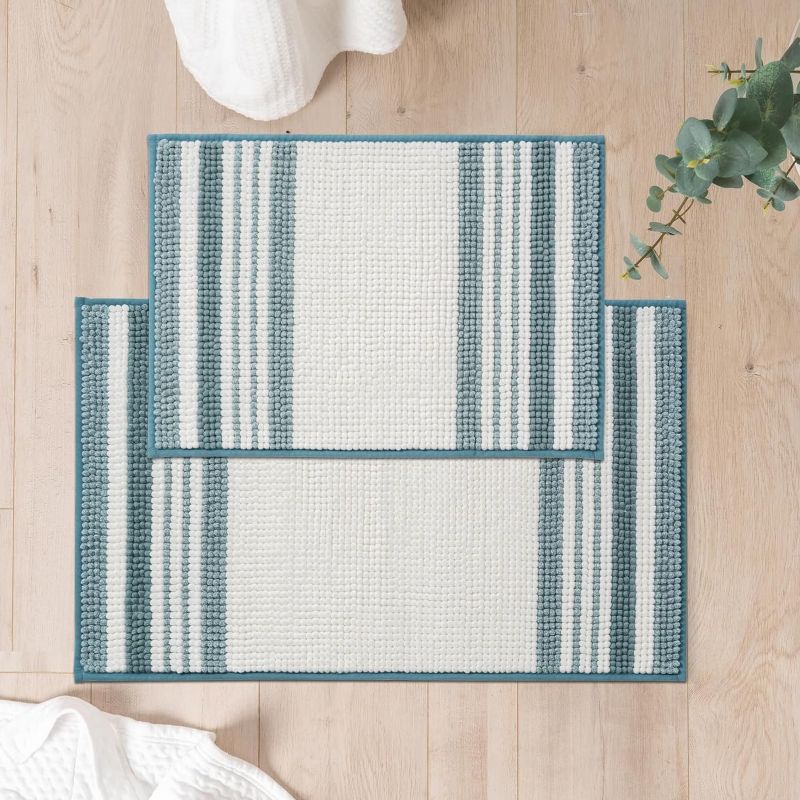 Photo 1 of FRESHMINT Stripe Chenille Bathroom Rugs Sets 2 Piece 17"x24"+20"x32", Soft Bath Mats for Bathroom Floor Non-Slip, Washable Bath Rugs Set, Water Absorbent Shower Floor Mat, Aqua Blue and White
