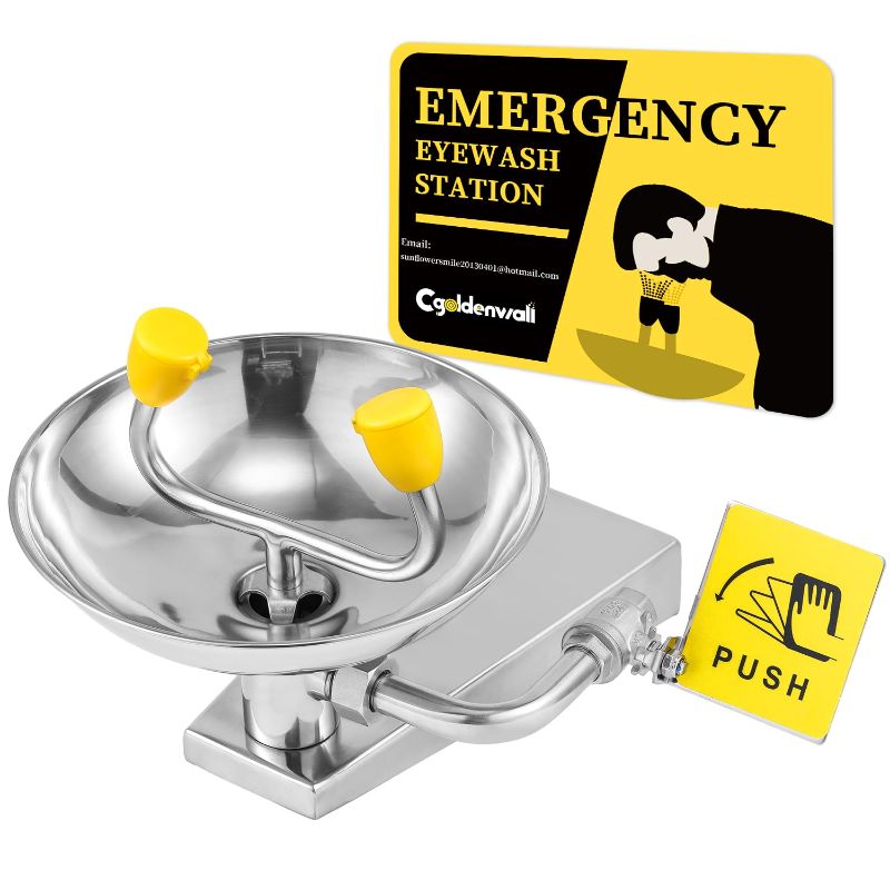 Photo 1 of CGOLDENWALL Eye Wash Station Wall Mounted Eyewash Station Emergency Eye Face Washing Station, NPT Threads, with Emergency Sign, 304 Stainless Steel Bowl
