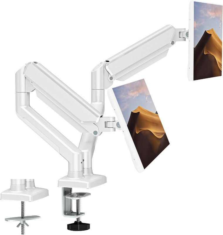 Photo 1 of ErgoFocus Dual Monitor Mount Fits 13 to 32 Inch Computer Screen, Dual Monitor Arm Hold up to 19.8lbs Each, Full Motion Monitor Desk Mounts for 2 Monitors, Gas Spring Monitor Stand, VESA Mount, White
