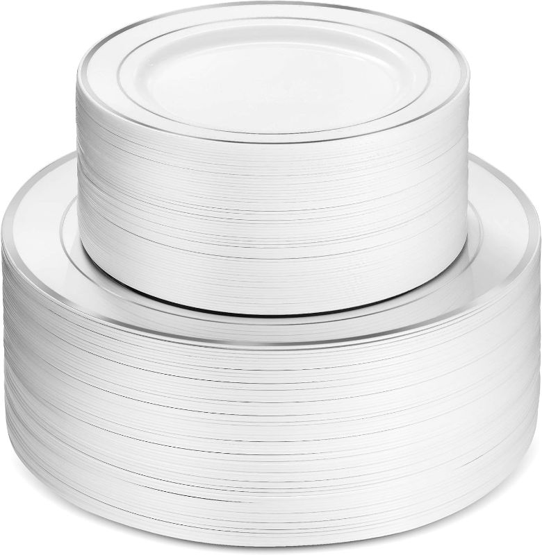 Photo 1 of 100 Silver Plastic Plates Set, 50 Pcs 10.25 Inch Plastic Dinner Plates and 50 Pcs 7.5 Inch Plastic Dessert Plates, Elegant Fancy Heavy Duty Disposable Plates for Party, Wedding, White with Silver Rim
