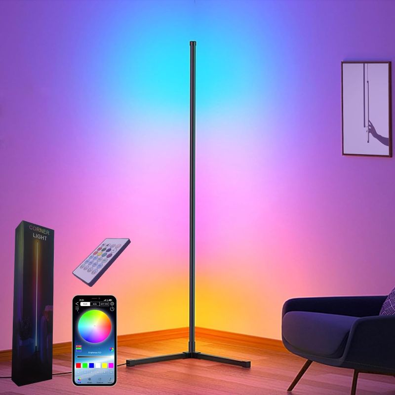 Photo 1 of Corner Floor Lamp,60” Smart RGB LED Corner Lamp with App and Remote Control, Color Changing Ambience Light with Music Sync, Easy to Install, Led Floor Lamp for Living Room Bedroom Gaming Room
