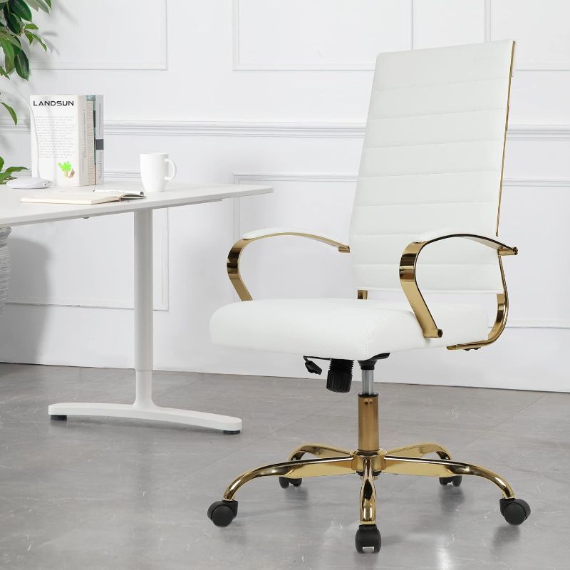 Photo 1 of ***One wheel missing***Home Office Chair High Back Executive Chair Ribbed PU Leather Computer Desk Chair with Armrests Soft Padded Adjustable Height Swivel Conference Gold Frame White
