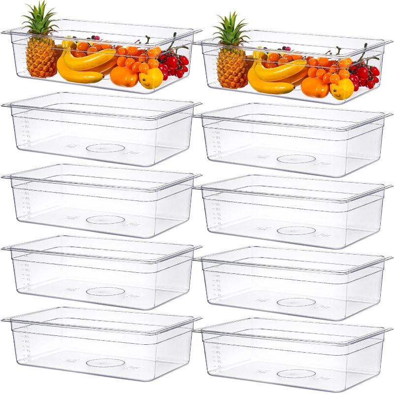 Photo 1 of *** MAJOR DAMAGED***
 10 Packs Plastic Clear Food Pan 1/1 Size Stackable Polycarbonate Pan with Capacity Indicator Restaurant Commercial Hotel Pans for Fruits Vegetables Beans Corns (4) 4" Deep