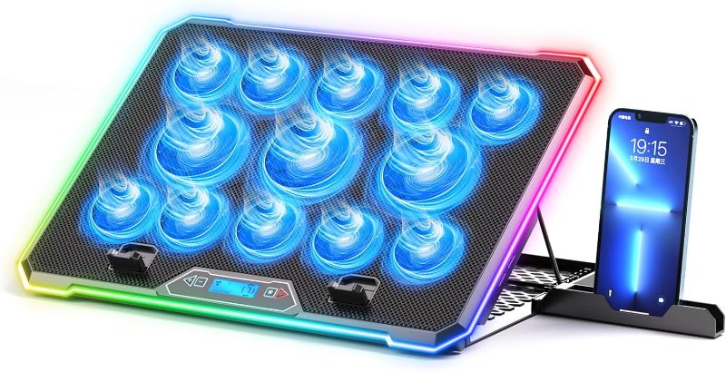 Photo 1 of RGB Laptop Cooling Pad Gaming Laptop Cooler, Laptop Fan Cooling Stand with 13 Quiet Cooling Fans for 15.6-17.3 inch laptops, 9 Height Stand, LED Lights & LCD Screen, 2 USB Ports, Lap Desk Use
