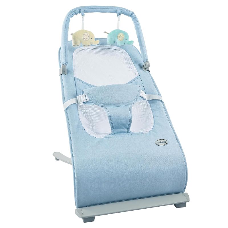 Photo 1 of Baby Bouncer, Portable Soothing Baby Bouncer Seat and Swing with 3-Point Harness Comfortable Baby Rocker for Babies 0-6 Months, 0-20 lbs (Light Blue)
