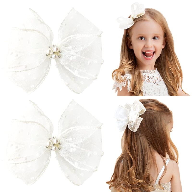 Photo 1 of 6” Big Girls Hair Bows with Clips, Toddler Hair Accessories for Flower Girl dress, Unique Cheer Bows & Pigtail Bows, Set of 2 (6", cream-01)
