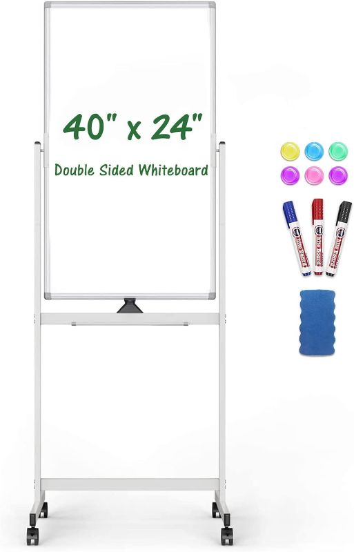 Photo 1 of Mobile Whiteboard, 40 x 24 inch Magnetic Rolling White Board with Stand, 360° Reversible Double Sided Writing Dry Erase Board on Wheels Easel Standing Marker Board with Tray for Office Classroom Home
