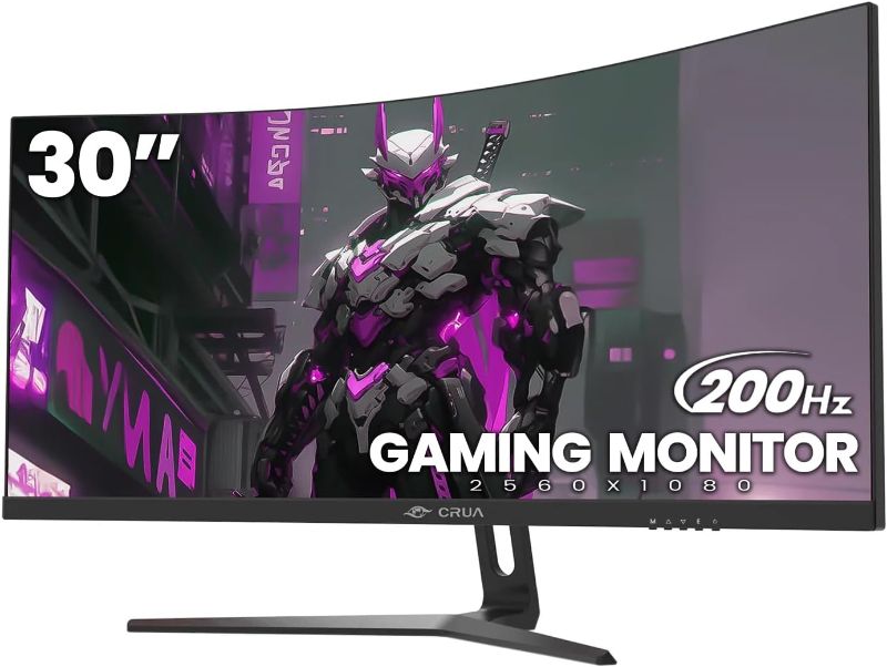 Photo 1 of CRUA 30" Curved Gaming Monitor, 144Hz/200Hz Ultrawide Computer Monitor, WFHD(2560 * 1080P) VA Screen,21:9,1500R,99% sRGB, PC Monitors Support FreeSync, with HDMI/DP, Support Wall Mount- Black
