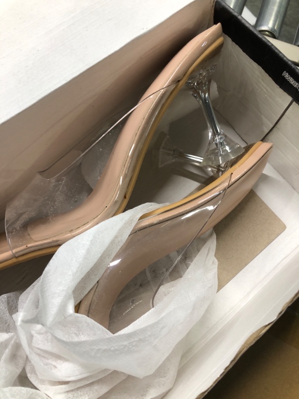 Photo 1 of mysoft Women's Clear Heeled Sandals Square Toe Transparent Stiletto Mules Open Toe Slip on Dress Shoes
