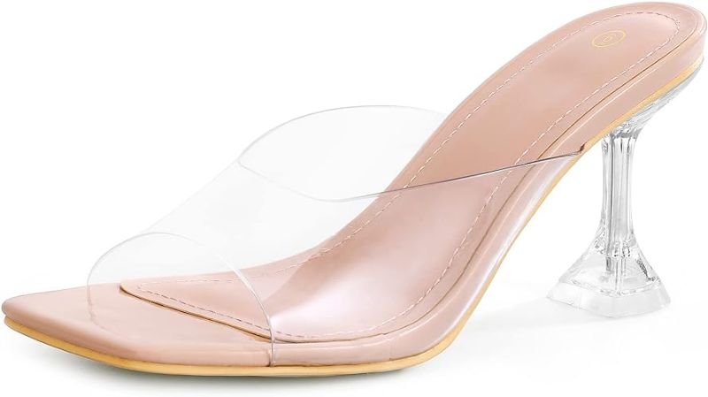 Photo 1 of mysoft Women's Clear Heeled Sandals Square Toe Transparent Stiletto Mules Open Toe Slip on Dress Shoes
