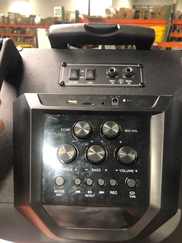 Photo 4 of Moukey Karaoke Machine, Double 10" Woofer PA System for Party, Portable Bluetooth Speaker with 2 Wireless Microphones, Disco Lights and Echo/Treble/Bass Adjustment, Support TWS/REC/AUX/MP3/USB/TF/FM New Double 10" Woofer*****USED****** 