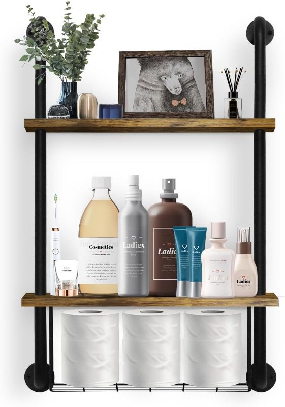 Photo 1 of 2-Tier Bathroom Shelves Wall Mounted, Floating Shelving Retro Pipe Shelf with Basket, Easy Assemble Industrial Pipe Shelving, Anti-Rust Wall Shelves for Living Room, Kitchen 31.9 * 16.9 inch