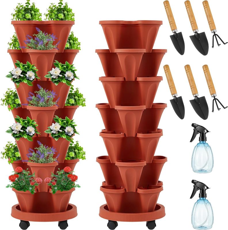 Photo 1 of 2 Set of 7 Tier Vertical Planter Stackable Planters Tower Planters Strawberry Herb Flower and Vegetable Planter Indoor Outdoor Gardening Pots with Removable Wheels and Tools 