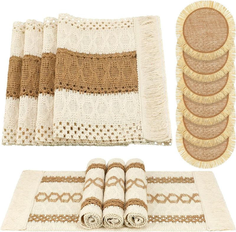 Photo 1 of 13 Pcs Valentine's Day Heart Boho Placemats and Table Runner Set 6 Sets Table Mats 11.8" x 78.7" Farmhouse Table Runner for Dining Kitchen(Stylish Style)