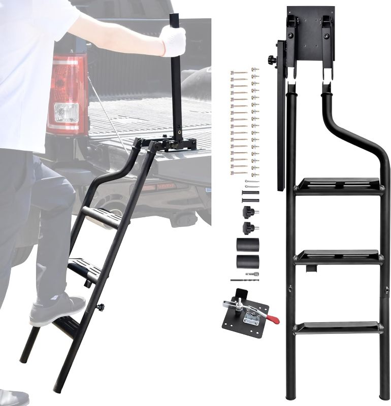 Photo 1 of ***MISSING PIECES*** 
POKIAUTO 42" Foldable Pickup Truck Tailgate Ladder with Grab Handle, Heavy Duty Universal Folding Tailgate Step Ladder with Handrail for Pickup Truck (F150, RAM 1500 etc.) Accessories