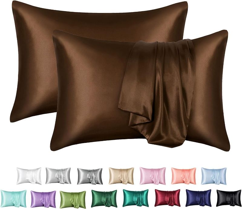 Photo 1 of MR&HM Satin Pillowcase for Hair and Skin, Silk Satin Pillowcase 2 Pack, King Size Pillow Cases Set of 2, Silky Pillow Cover with Envelope Closure (20x36, Brown)