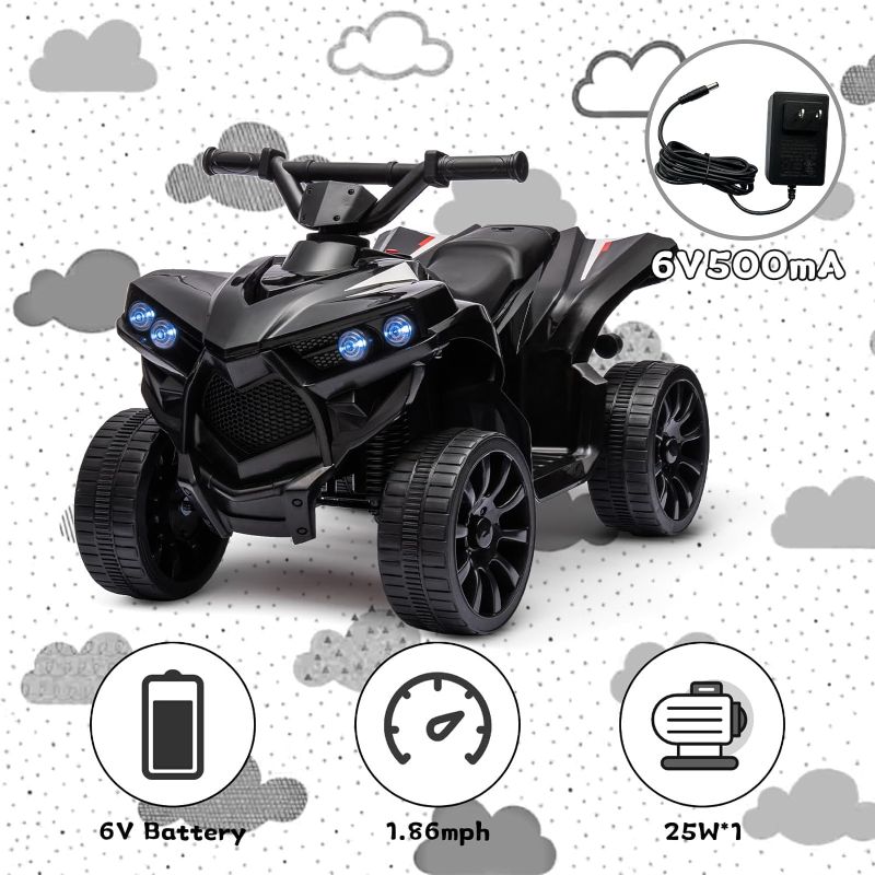 Photo 1 of Kids 6V ATV, 4 Wheeler Ride on Quad Car Toy with LED Lights, Music, Foot Pedal & Wear-Resistant Wheels, Battery Powered Electric Vehicle for Kids Toddler 3+ Years Old, Black