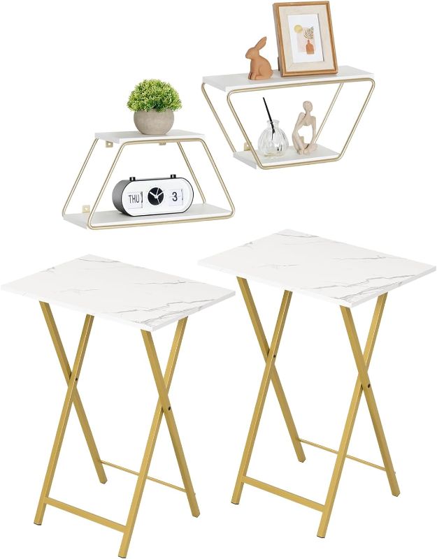 Photo 1 of Folding TV Tray Table Set of 2, Wall Mounted Floating Shelves Set of 2, Marble and Gold Sofa Side Table, Trapezoidal Double-Layer Hanging Shelf White and Gold, DM25BZ01-DW22BJ01
