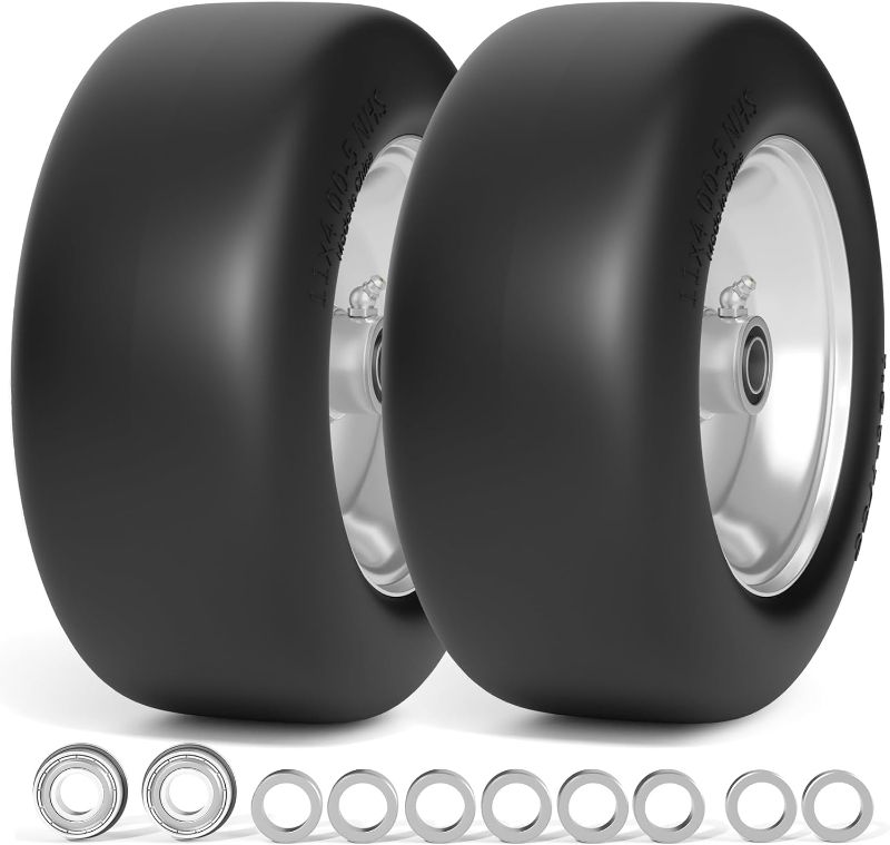 Photo 1 of 11x4.00-5 Flat Free Lawn Mower Tires, Zero Turn Mowers Solid Smooth Lawn Mower Front Tires, With 5/8" or 3/4" and 1/2" Precision Bearings and 3.4"-5" Center Hub, Load 350lbs, 2Pack Silver Gray
