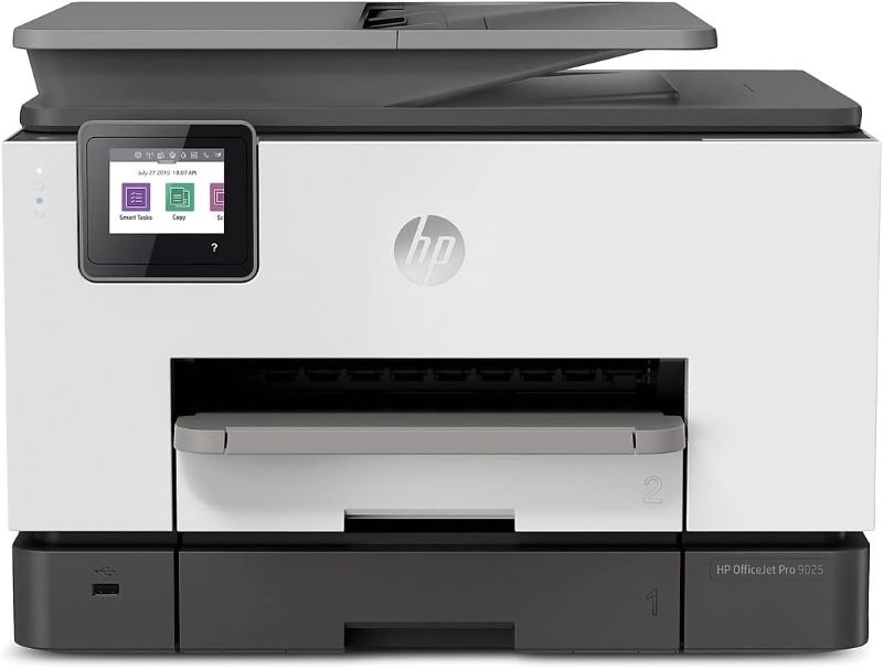 Photo 1 of HP OfficeJet Pro 9025 All-in-One Wireless Color Printer, Single-pass (Automatic) Document Feeder & Two Paper Trays, Smart Home Office Productivity, Instant Ink, Works with Alexa (1MR66A)***USED***CORD IS MISSING ***damaged toner door***** 