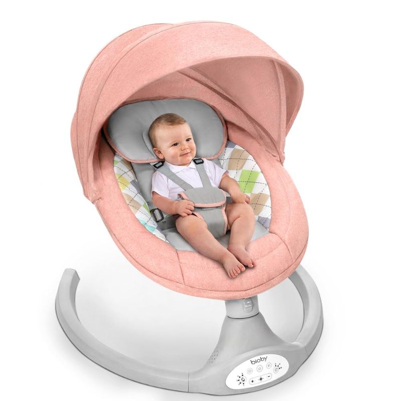 Photo 1 of Bioby Baby Swing for Infants to Toddler, Electric Portable Baby Bouncer for 0-6 Months Newborn, Baby Rocker with 5 Swing Speeds and Remote Control, Touch Screen, Bluetooth Music, for Baby 5-20Lb,Pink
