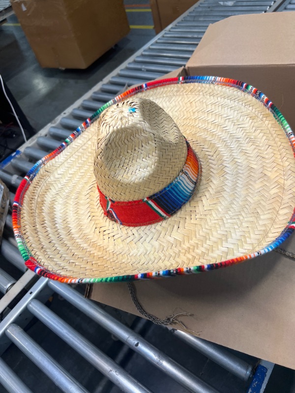 Photo 3 of GiftExpress Child Sombrero Hat with Serape Trim, Straw Hat for Cinco de Mayo, Mexican Serape Costume
