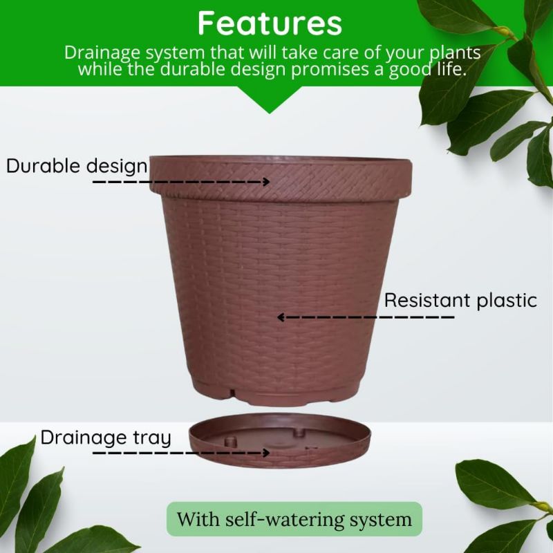 Photo 1 of 10 inch Round Saucer Modern Self Watering Planter Plates, Pots with Rattan-Like Finish, 10x10 chococlate Brown