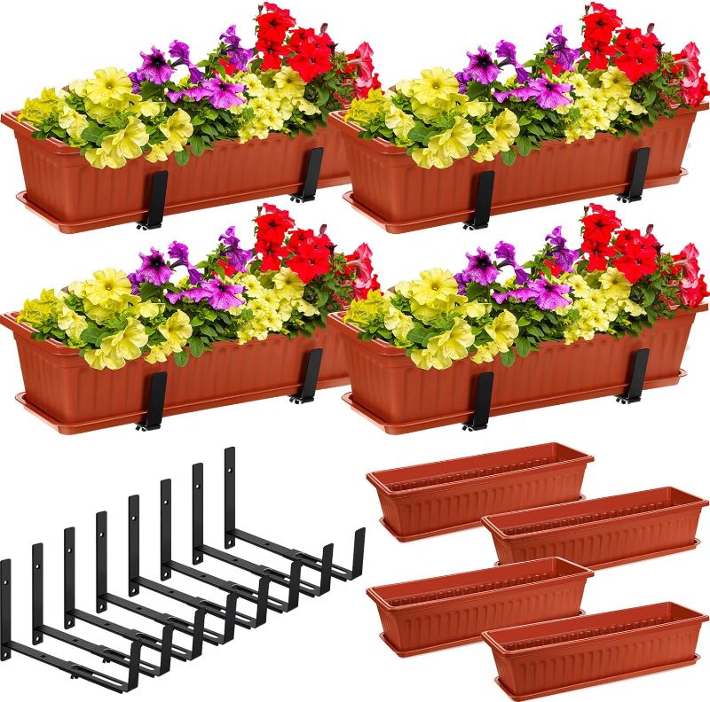 Photo 1 of *** Similar product ****4 Set 24'' Window Hanging Box Planter with Planter Box Brackets Rectangular Planters Boxes with Saucers for Succulent Cactus for Railing Deck Window Wall Indoor Outdoor Garden(Brick Red)
