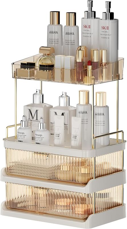 Photo 1 of Makeup Organizer with 2 Drawers and Removable of Top Lipstick Holders, Bathroom Organizer and Dresser Storage, Vanity Countertop, Great for Cosmetics, Skincare, Perfume, Toiletr(Gold)
