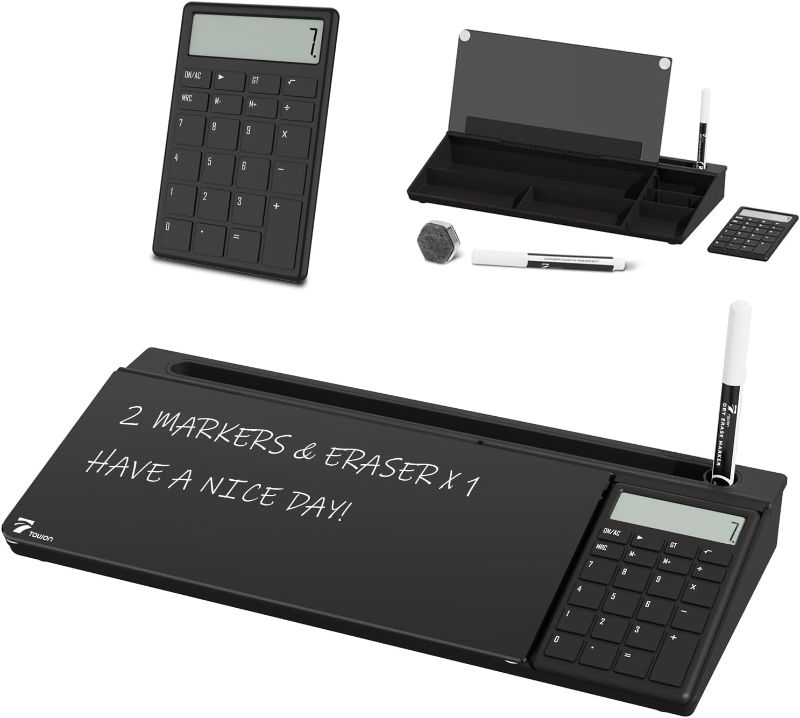 Photo 1 of TOWON Desktop Glass Whiteboard with Basic Calculator, 12 Digit LCD Display, Desk Organizers with Accessories for Office, Home, School Supplies, Storage with Dry Erase Board Surface, Black, 17'' x 6''
