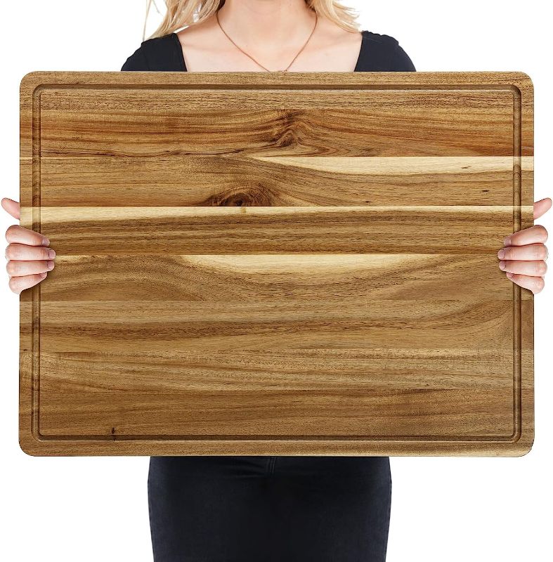 Photo 1 of 24 x 18 Inch Large Acacia Wood Cutting Board, Reversible Wooden Butcher Block Cutting Board with Juice Groove, Carving Board for Meat, Turkey, Charcuterie 24x18x1.2 inch