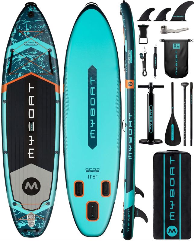 Photo 1 of 11'6"×34"×6" Extra Wide Inflatable Paddle Board, Stand Up Paddle Board for Fishing, Sup Board with 3 Removable Fins, Dual Bungees, Camera Mount, Hand Pump, Strong Paddle, 5L Dry Bag, Leash
