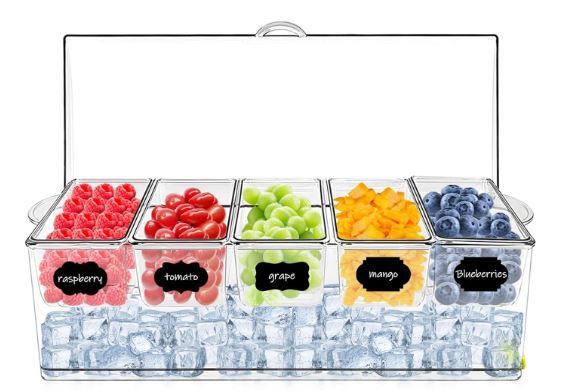 Photo 1 of *** Recommended sale for parts ***  Ice Chilled Condiment Server Caddy, Bar Fruit Caddy with Lid and 5 Removable Compartments, Plastic Storage Food Container Clear Ice Condiment Serving Tray Container for Party, Toppings Bar Container
