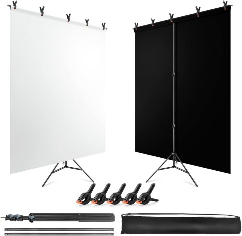 Photo 1 of 5X6.5ft Black White Backdrop with Stand Kit for Photo Shoot, Black White Photo Backdrop Background with Portable T-Shape Stand, Carry Bag & Spring Clamp for Photography Streaming Party Wedding
