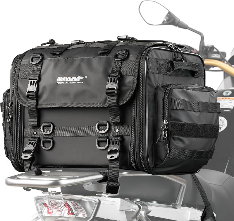 Photo 1 of Rhinowalk Motorcycle Tail Bag, Expandable Motorcycle Travel Luggage Bags 60L, motorcycle Powersports Saddle Bags, Motorbike Helmet Bag Waterproof Rain Cover with Straps (Black)
