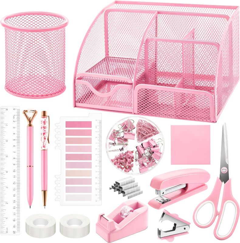 Photo 1 of 11 Pcs Pink Office Supplies Set Mesh Desk Organizer Accessories Kit Include Stapler Tape Dispenser Staple Remover Clips Ruler Scissors Sticky Notes for Office School Home Women (Pink)