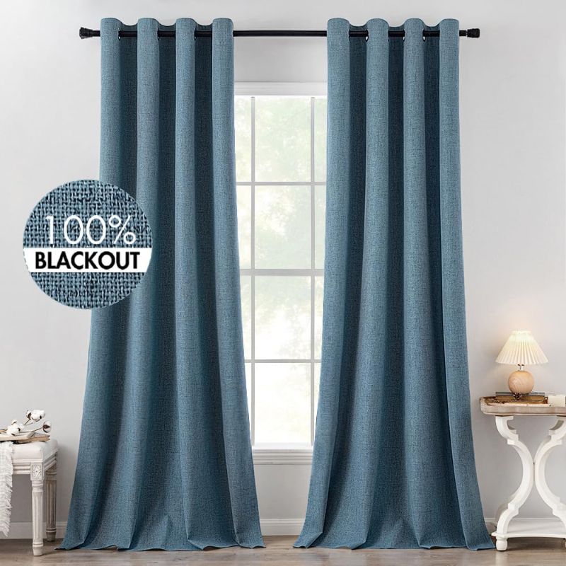 Photo 1 of MIULEE Linen Texture Curtains for Bedroom Solid 100% Blackout Thermal Insulated Dusty Blue Curtains Grommet Room Darkening Curtains/Draperies for Living Room Nursery 52x120 Inch (2 Panels)